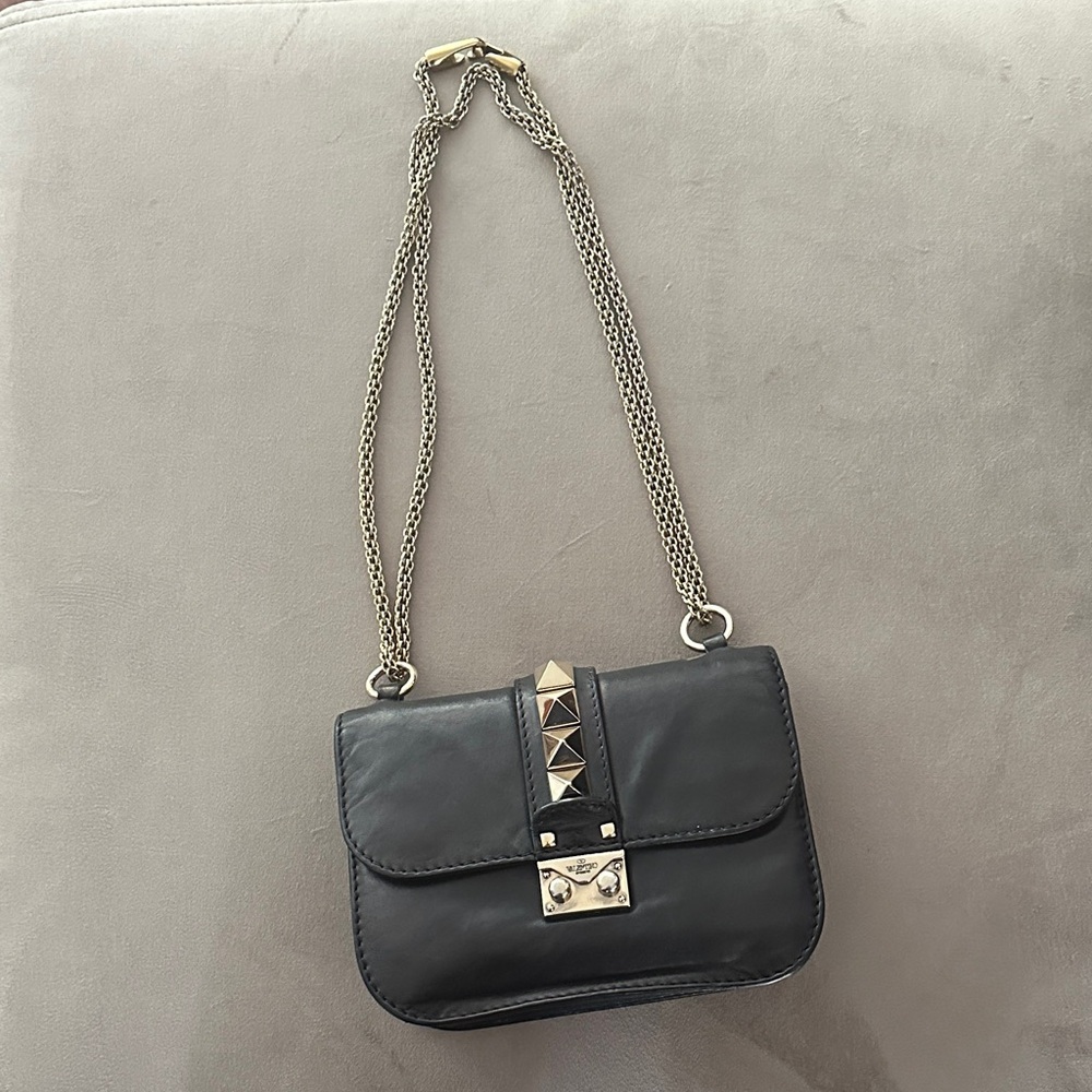 Valentino Garavani Rockstud Black Leather Crossbody Bag with Gold Studs